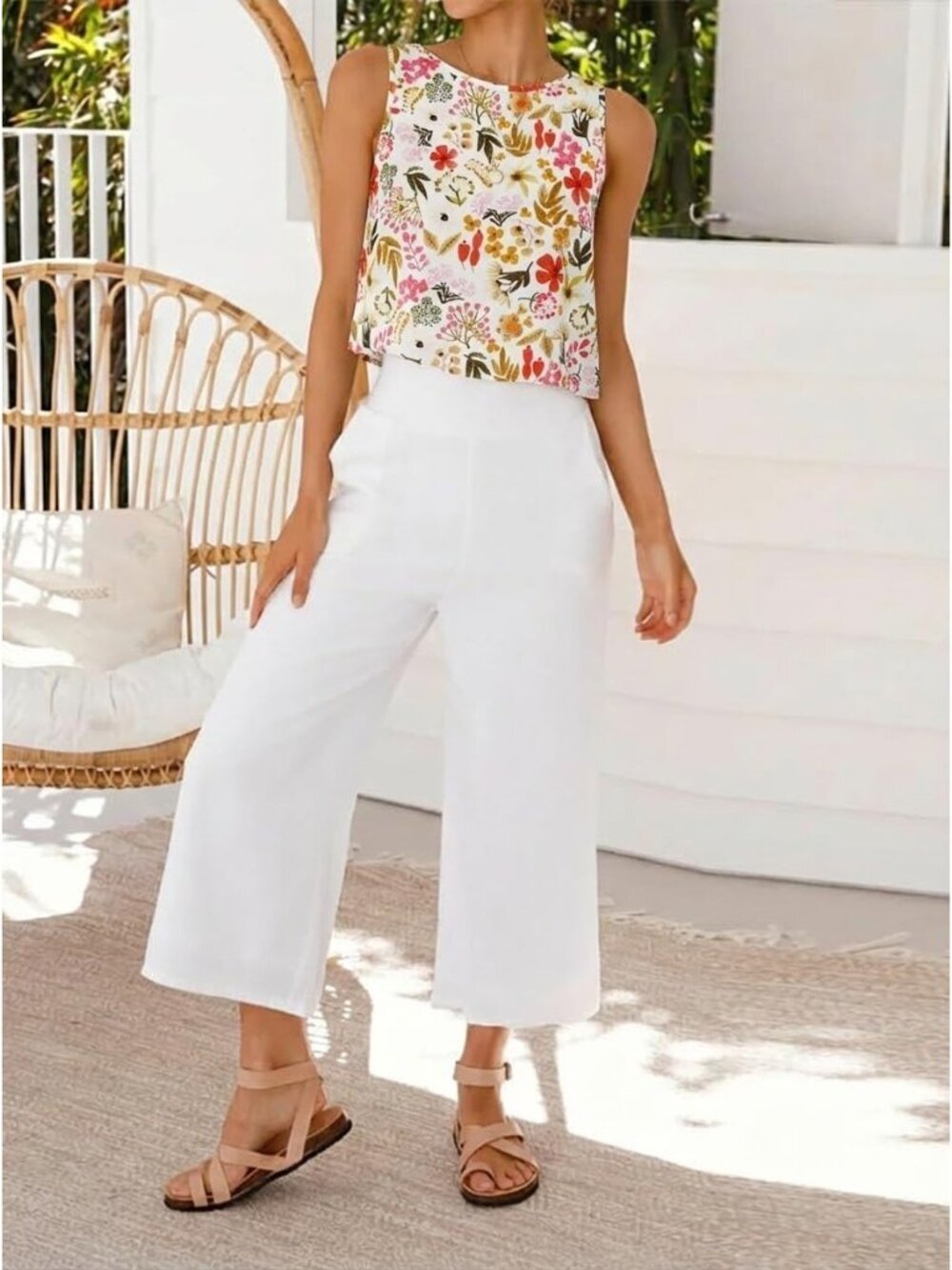 〽️Women's Floral Multi Button Linen Summer Beach Sleeveless Imported Tank Top